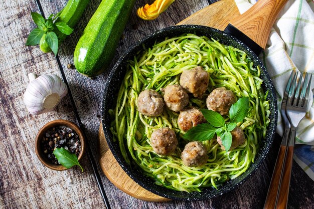 healthy-food-cooked-zucchini-noodles-with-meatballs-cast-iron-skillet-top-view_264437-4169